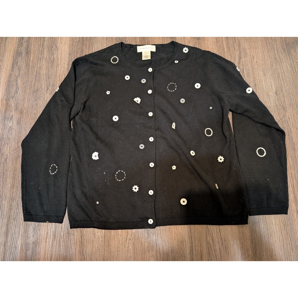 Susan Bristol Cardigan Sweater Button Front Embellished‎ Black Knit Top Large